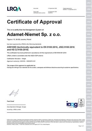 Certyfikat AS 9100 dla Adamet-Niemet