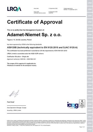 Certyfikat AS 9120 dla Adamet-Niemet