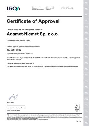 Certyfikat ISO 9001 dla Adamet-Niemet w języku angielskim