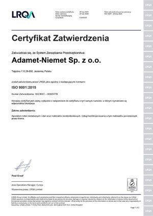 Certyfikat ISO 9001 dla Adamet-Niemet w języku polskim